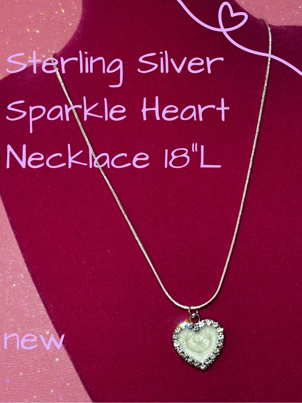 Pearl Smoke Swirl Rhinestone Heart Necklace Sterling Silver 925 glitter mcbling